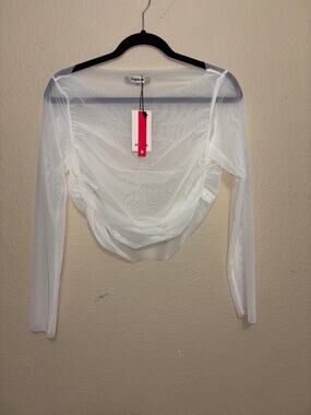 Popilush White Sheer Mesh Ruched Long Sleeve Crop Top NWT Size Small